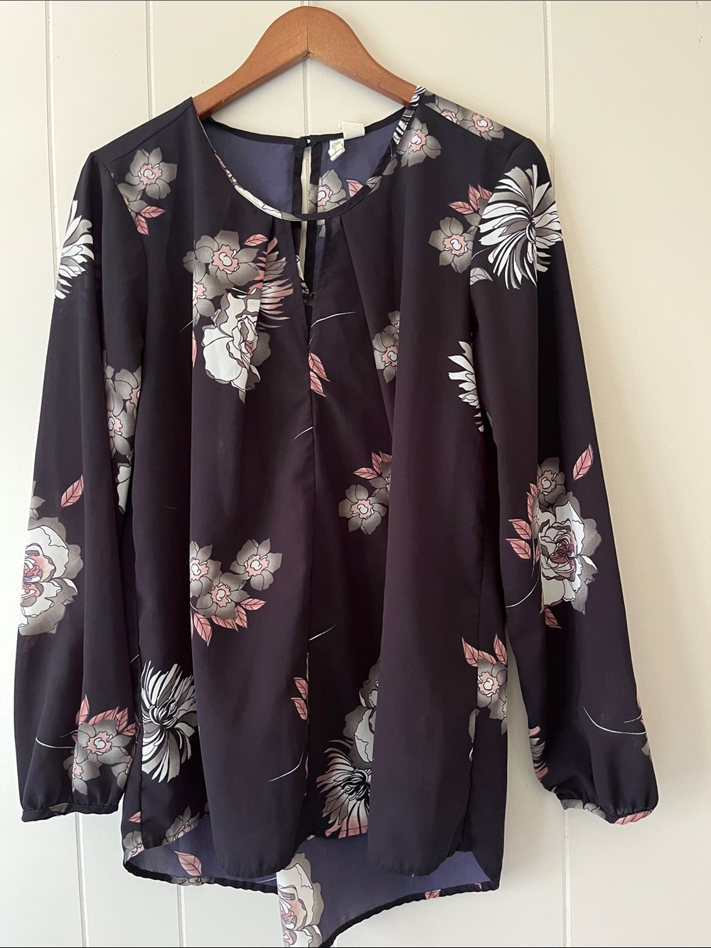 Black Floral Long-Sleeve Blouse with Pink & Cream Accents